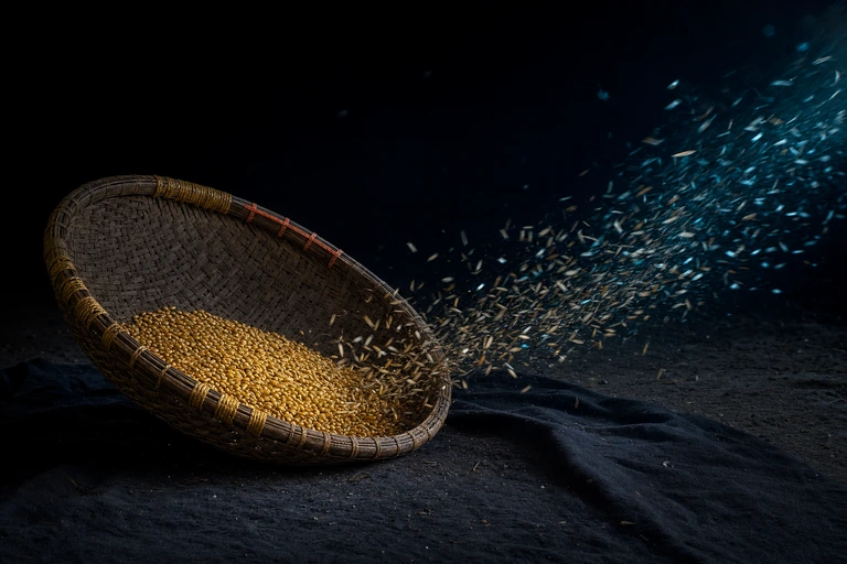Dark husks stream away on the wind from the rim of a wide woven basket while heavy gold grain settles safely at its center.