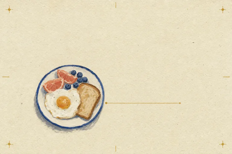A small, plainly painted breakfast plate sits amid generous negative space on warm textured paper.