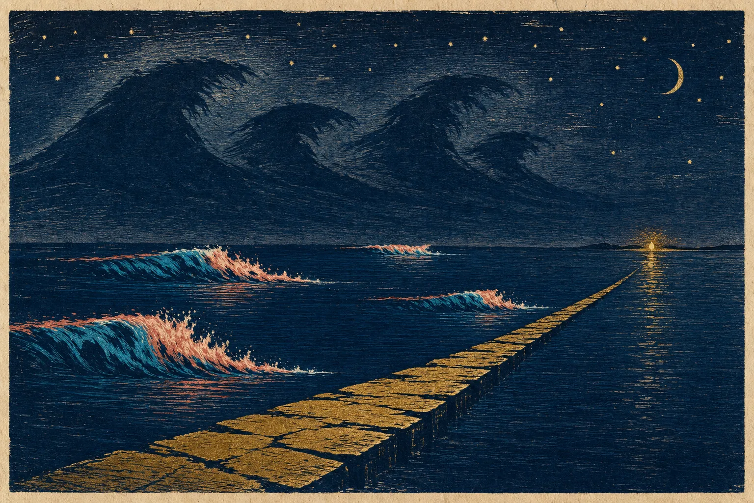 Short colored waves interrupt calm water as a low gold causeway continues beneath their oversized shadows.
