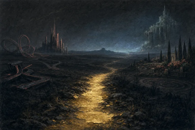 A narrow gold-lit path crosses a dark plateau while glossy shortcuts dissolve beyond its line of sight.
