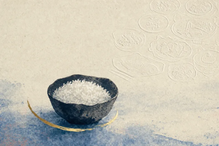 A plain rice bowl rests in broad paper space as embossed meal ornaments fade at the edge.