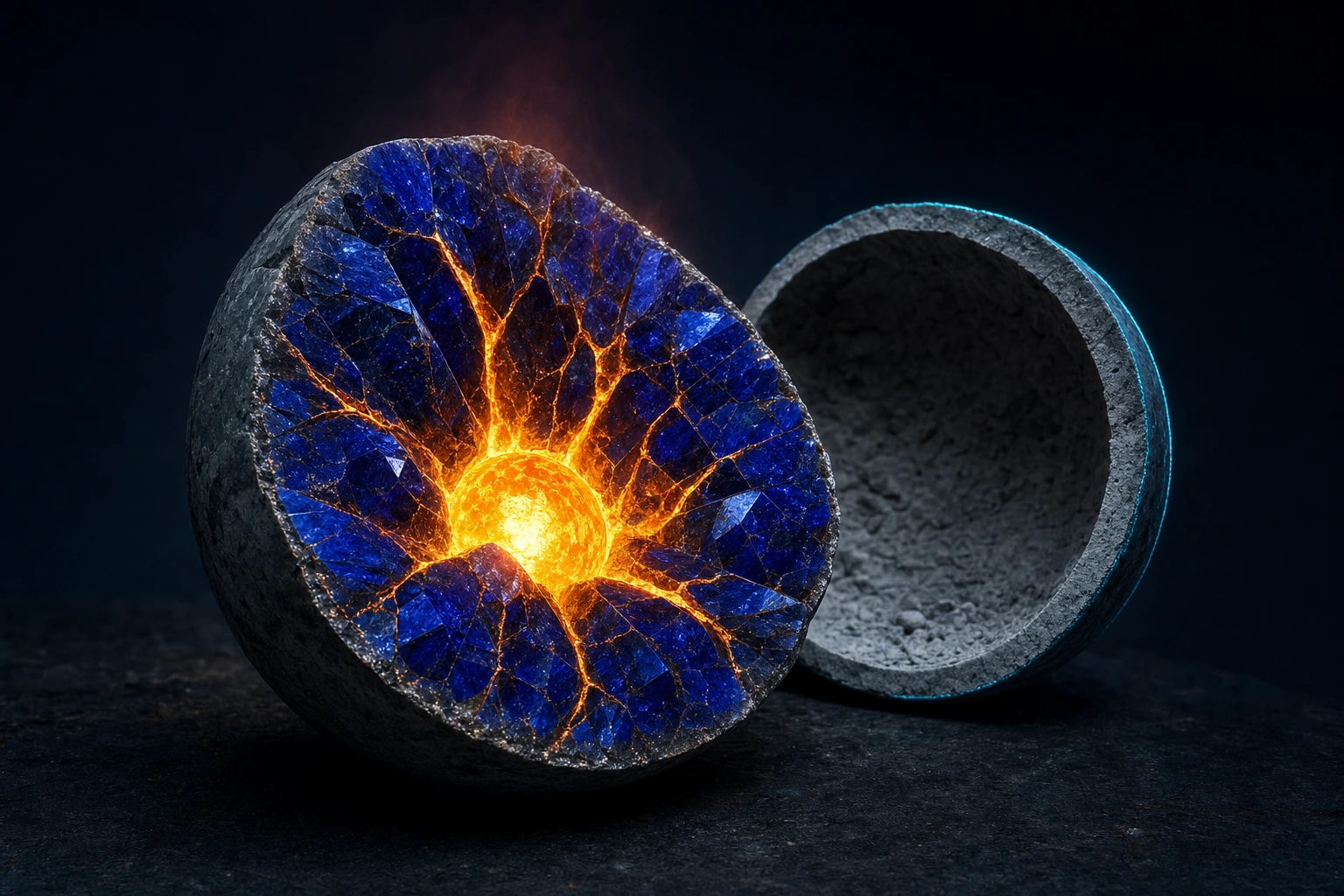 A split stone sphere glows with molten gold veins around a bright core beside a second cut sphere that is gray dust and empty cavity inside.