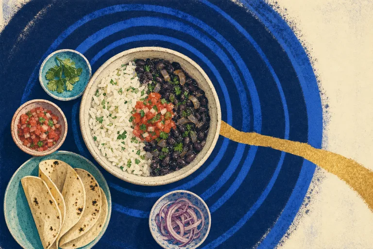 A modest black-bean-and-rice bowl sits within indigo rings that break open at one gold seam.