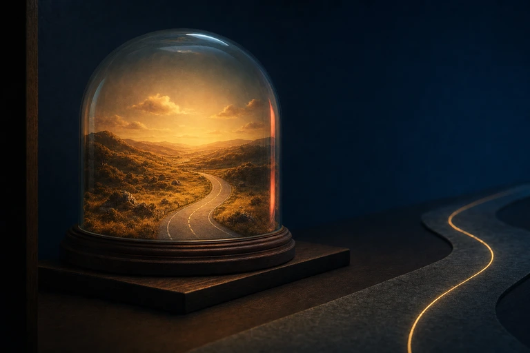 A golden miniature highway sits under a glass bell jar on a dark shelf while a gold-seamed path runs past it out of frame.