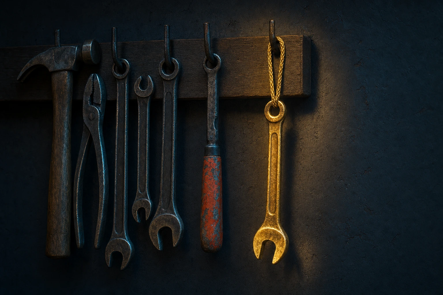 One warm gold wrench worn bright from use hangs in soft light on a dark workshop board among plain steel tools in shadow.