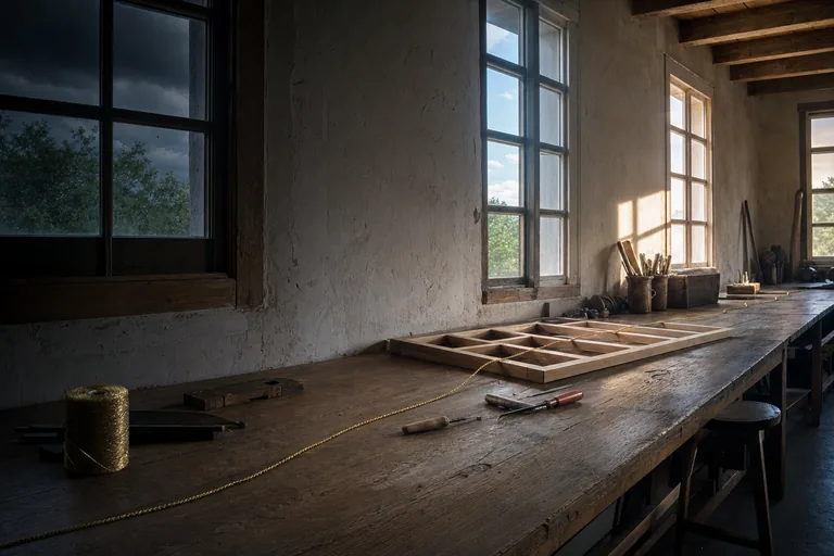 Changing daylight crosses a modest workbench while one gold cord continues through the same unfinished task.