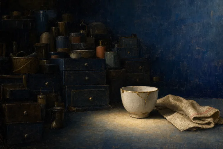 Crowded dark drawers recede around one chipped cup illuminated beside a plain working cloth.