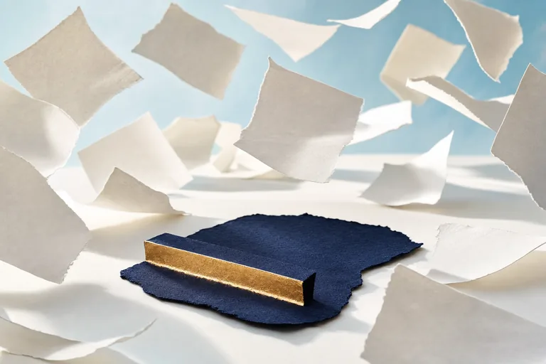 Blank sheets drift around one grounded torn midnight page whose broad gold-backed fold becomes an immediate step.