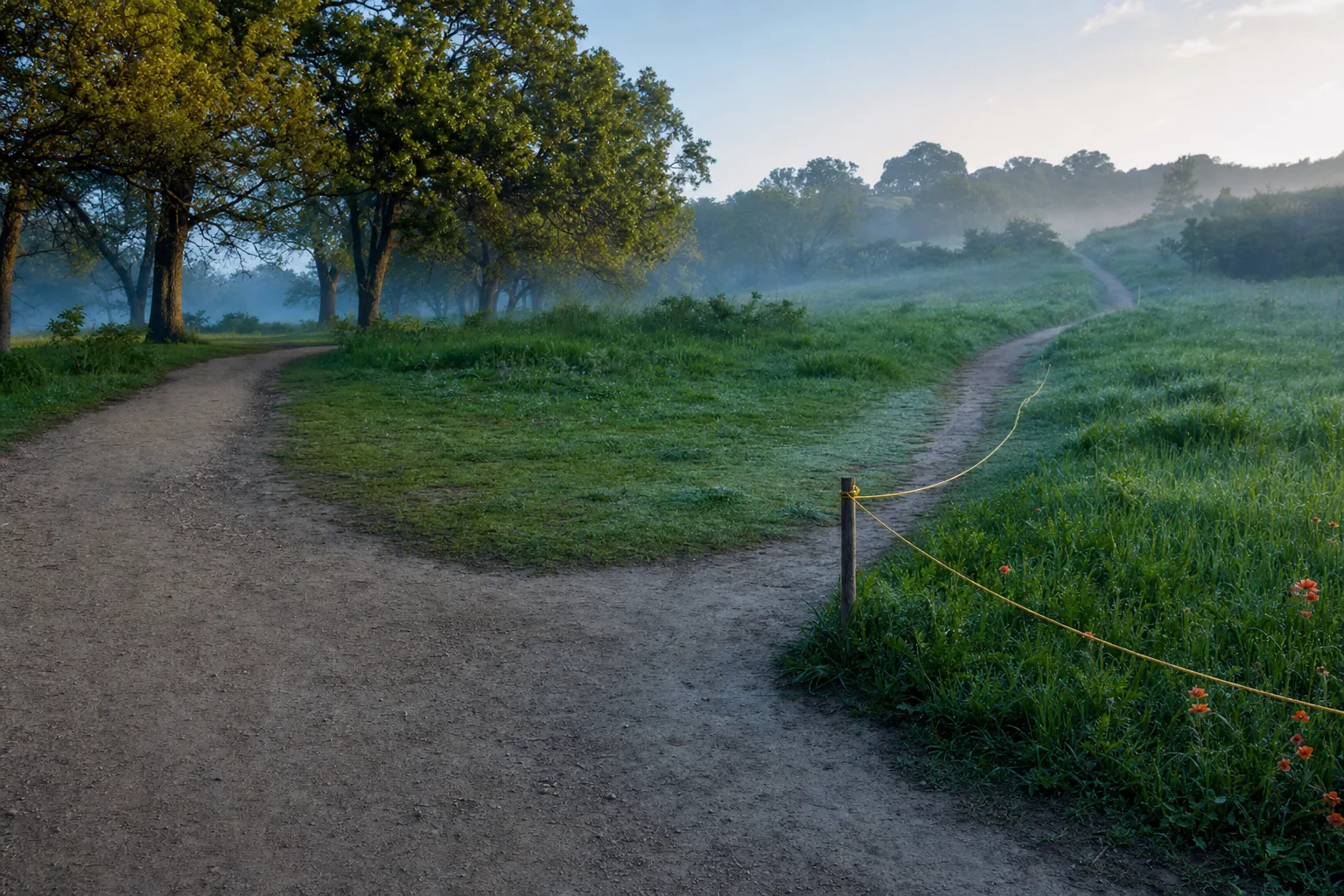 A worn walking loop joins a later running trail, with a gold cord returning toward the familiar path.