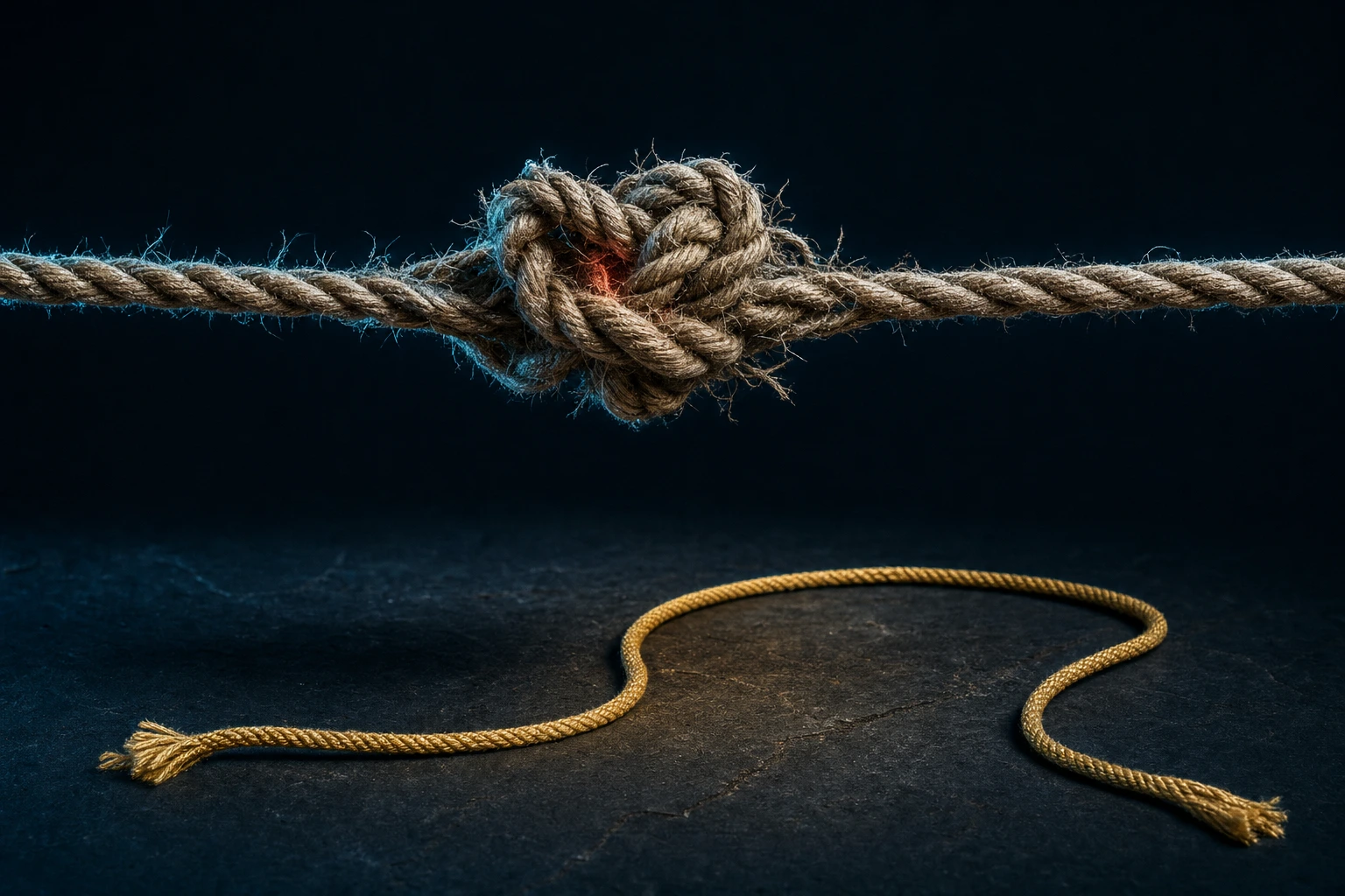 A rough rope pulled taut from both sides tightens into a hard knot while a slack gold cord rests at ease on the stone below.