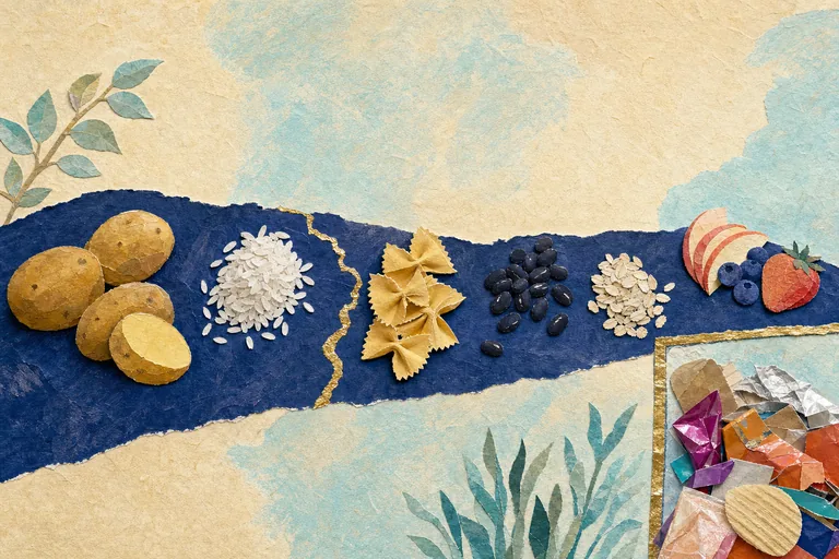 Paper-cut staple carbohydrates rest along a repaired indigo table-path with glossy processed shapes beyond an open boundary.
