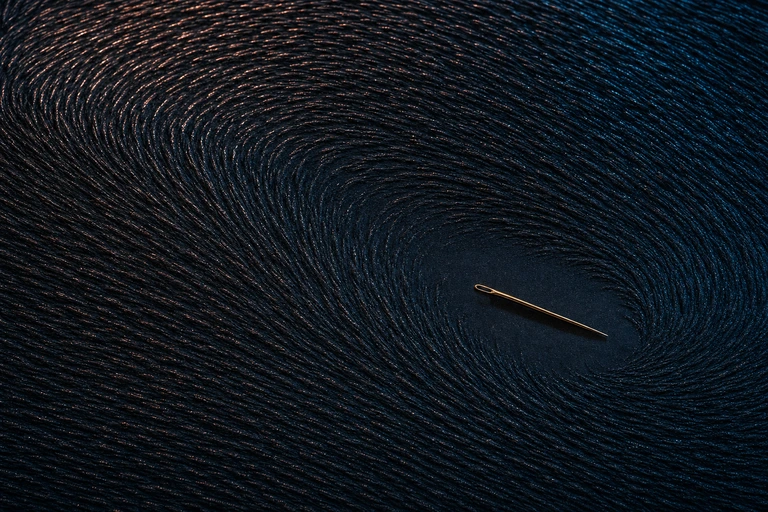 Thousands of dark filings comb into one sweeping storm pattern while a lone gold needle lies against the flow in clear space.