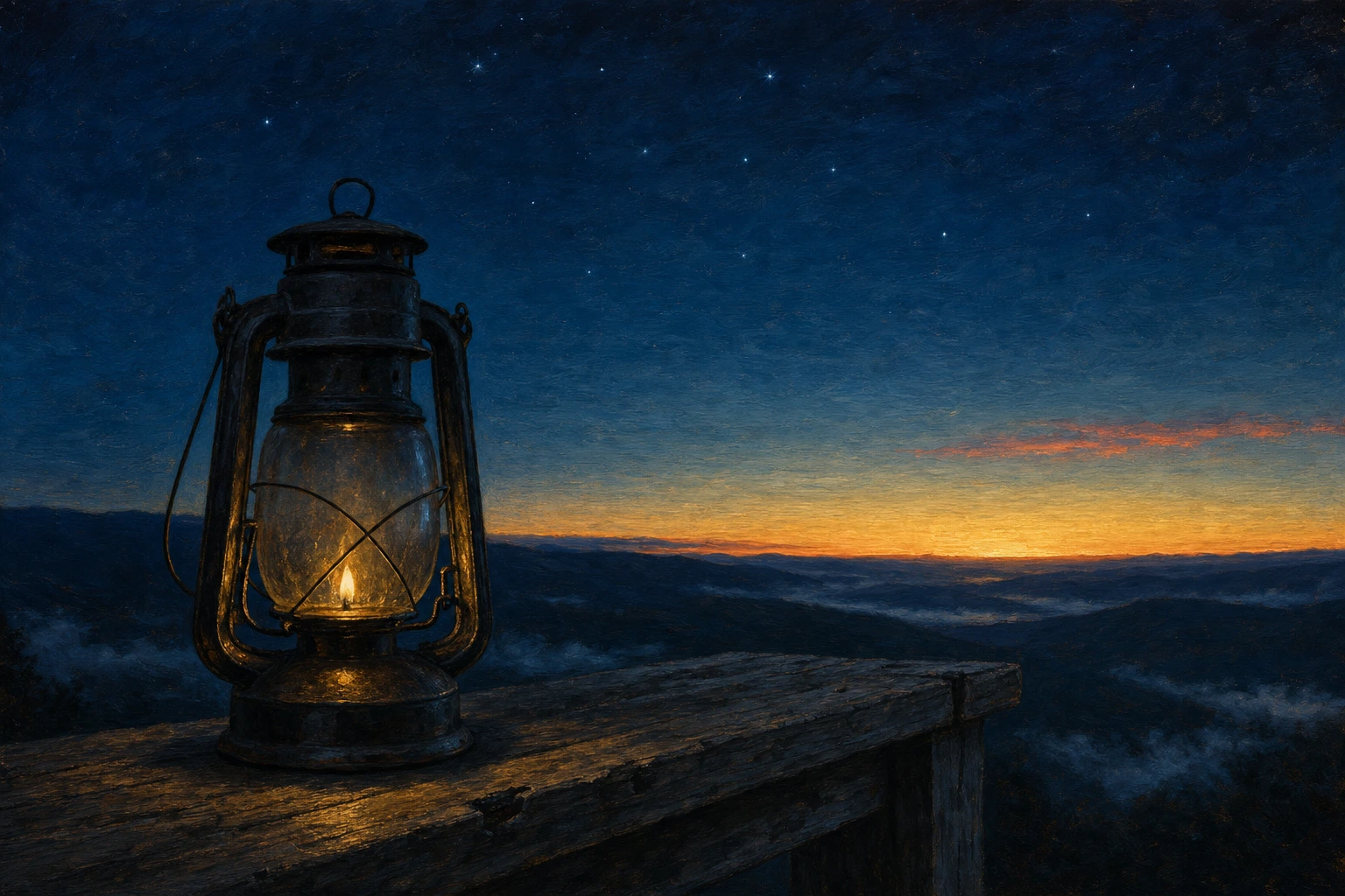 A lantern with a low warm flame burns on a worn wooden rail while the first gold band of morning rises over dark distant hills.
