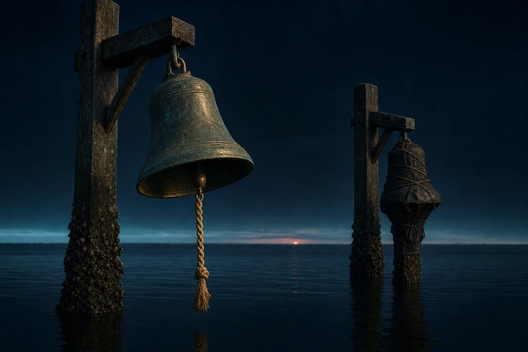 Two bronze bells stand on posts in dark night water, one swinging free on a gold cord above a calm low tide and one bound in cloth with the water risen high around it.