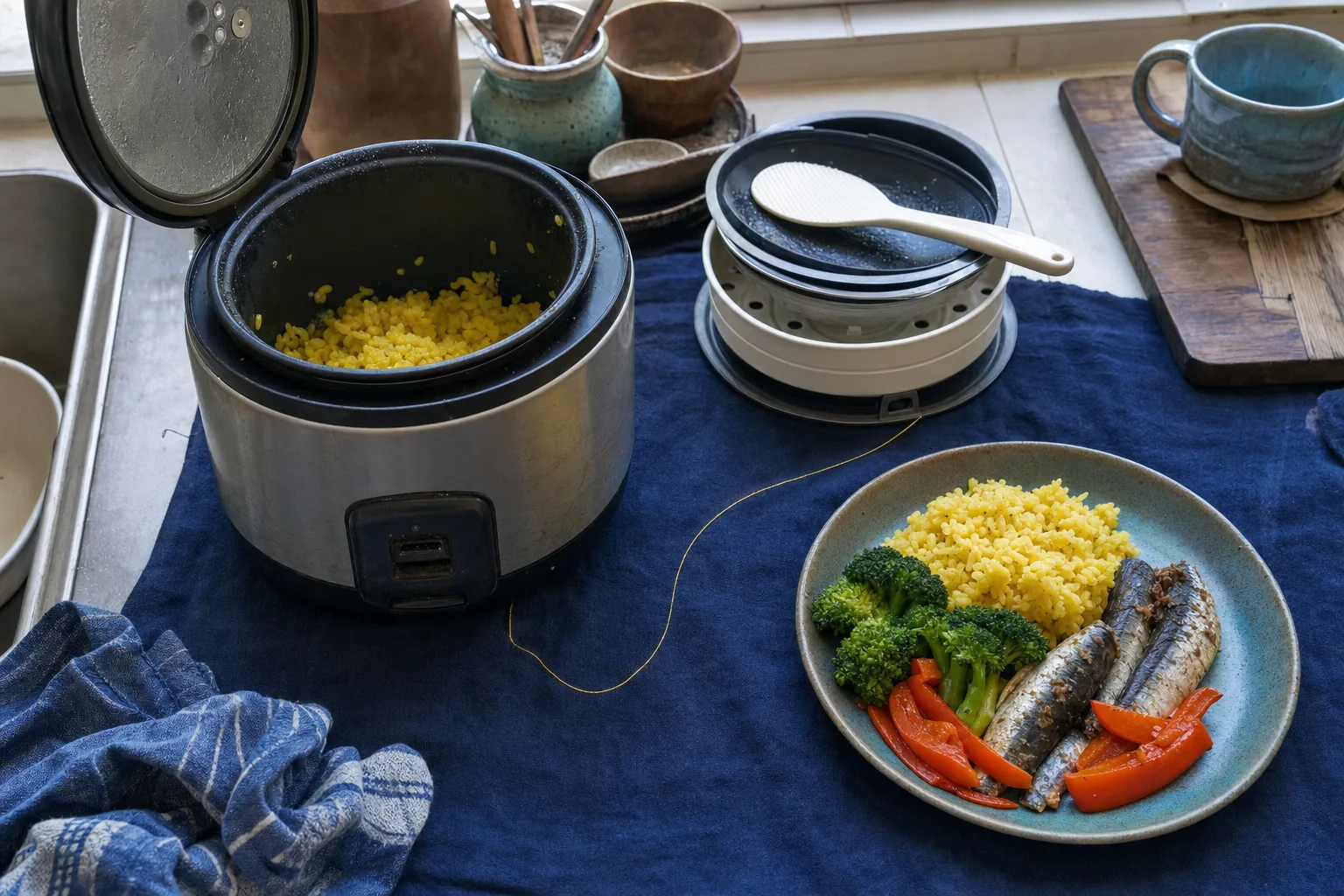 An unbranded rice cooker, one turmeric-rice plate, and a tidy cleanup stack form a repeatable kitchen routine.