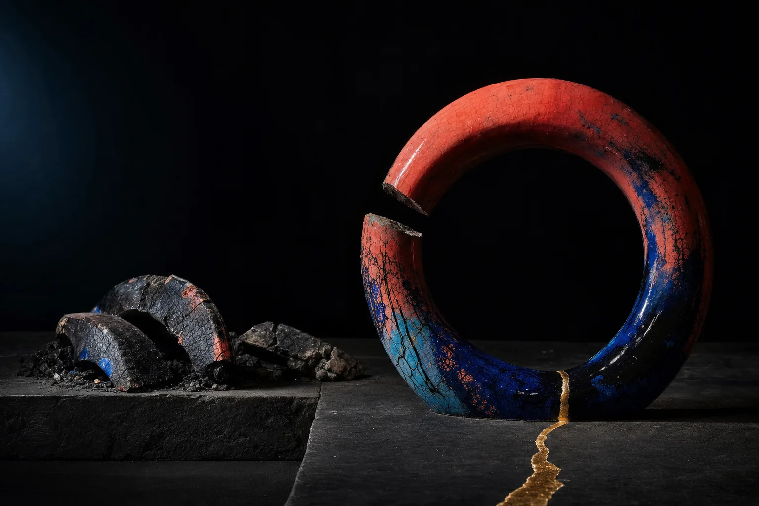 A broken raku ceramic loop lies beyond a dark threshold while its gold seam continues forward.