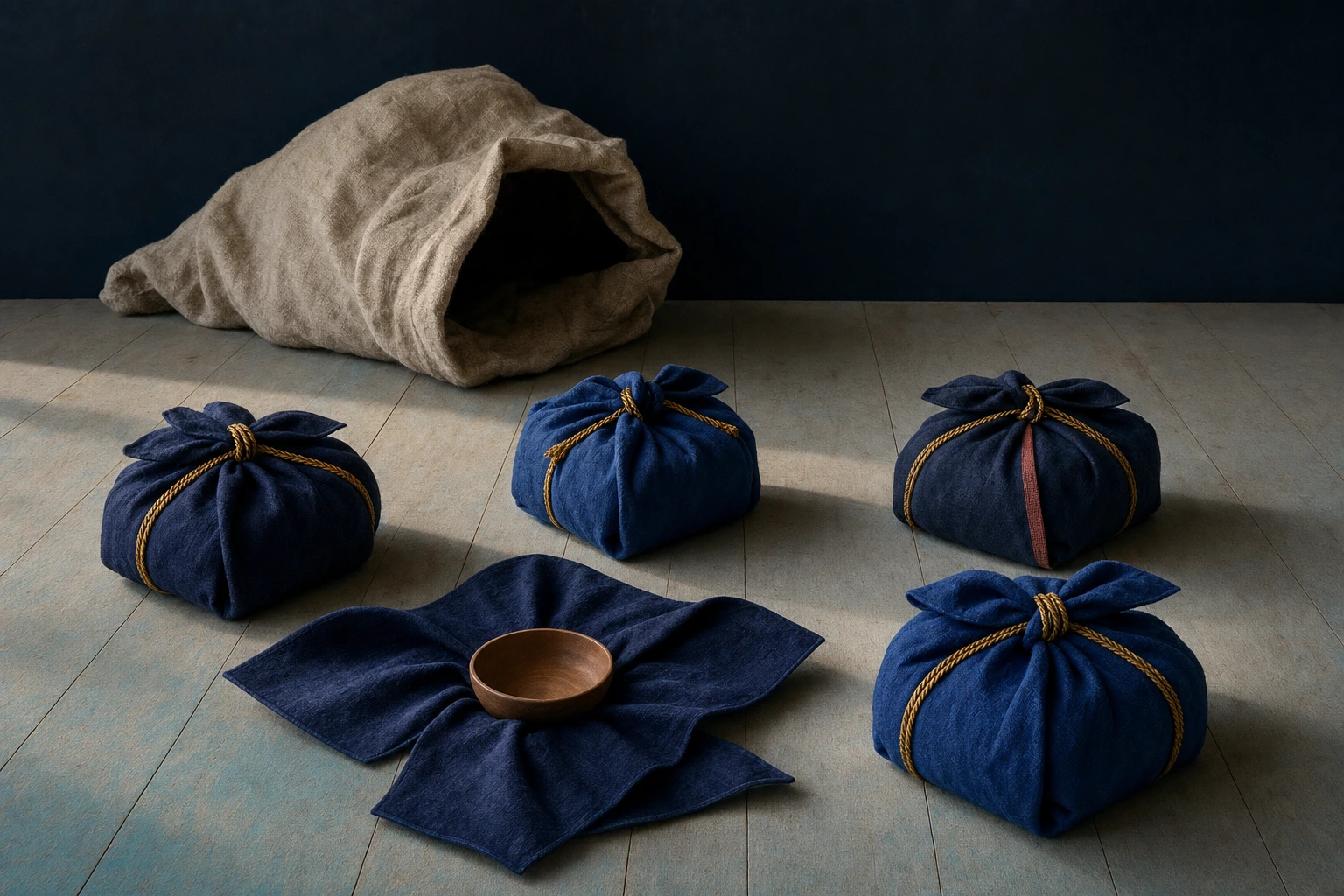 A huge empty sack slumps in shadow behind five small gold-tied cloth bundles, one opened flat around a small wooden bowl.