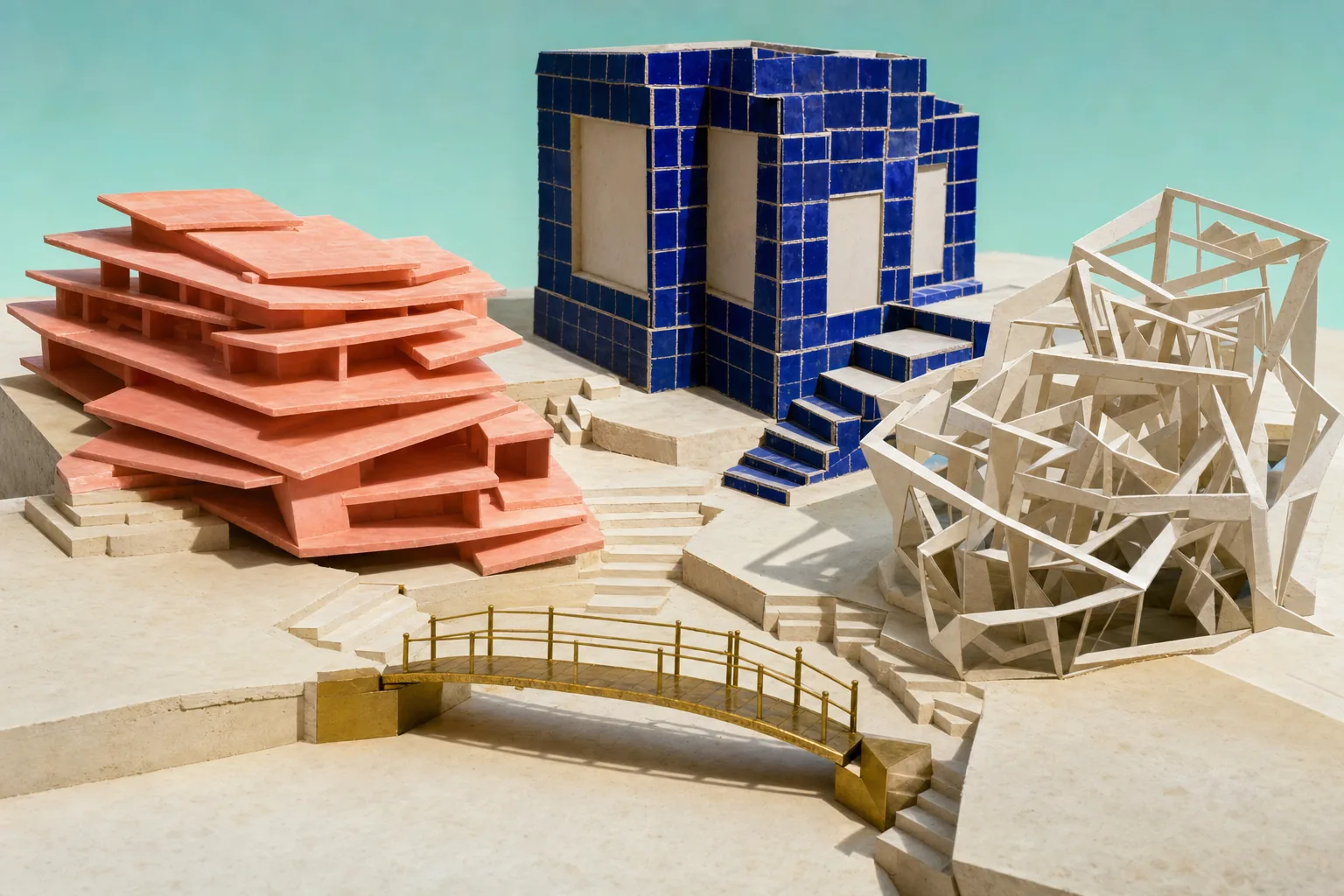 Sagging wax planes, misaligned tiles, and an open paper lattice share a terrain crossed by one gold bridge.