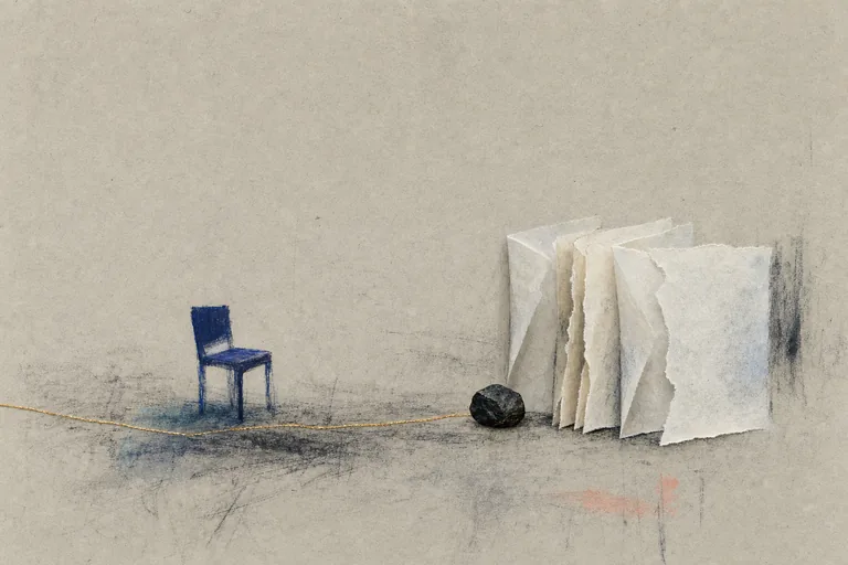 A thin gold route stops at a dense black stone beside an empty blue waiting form.