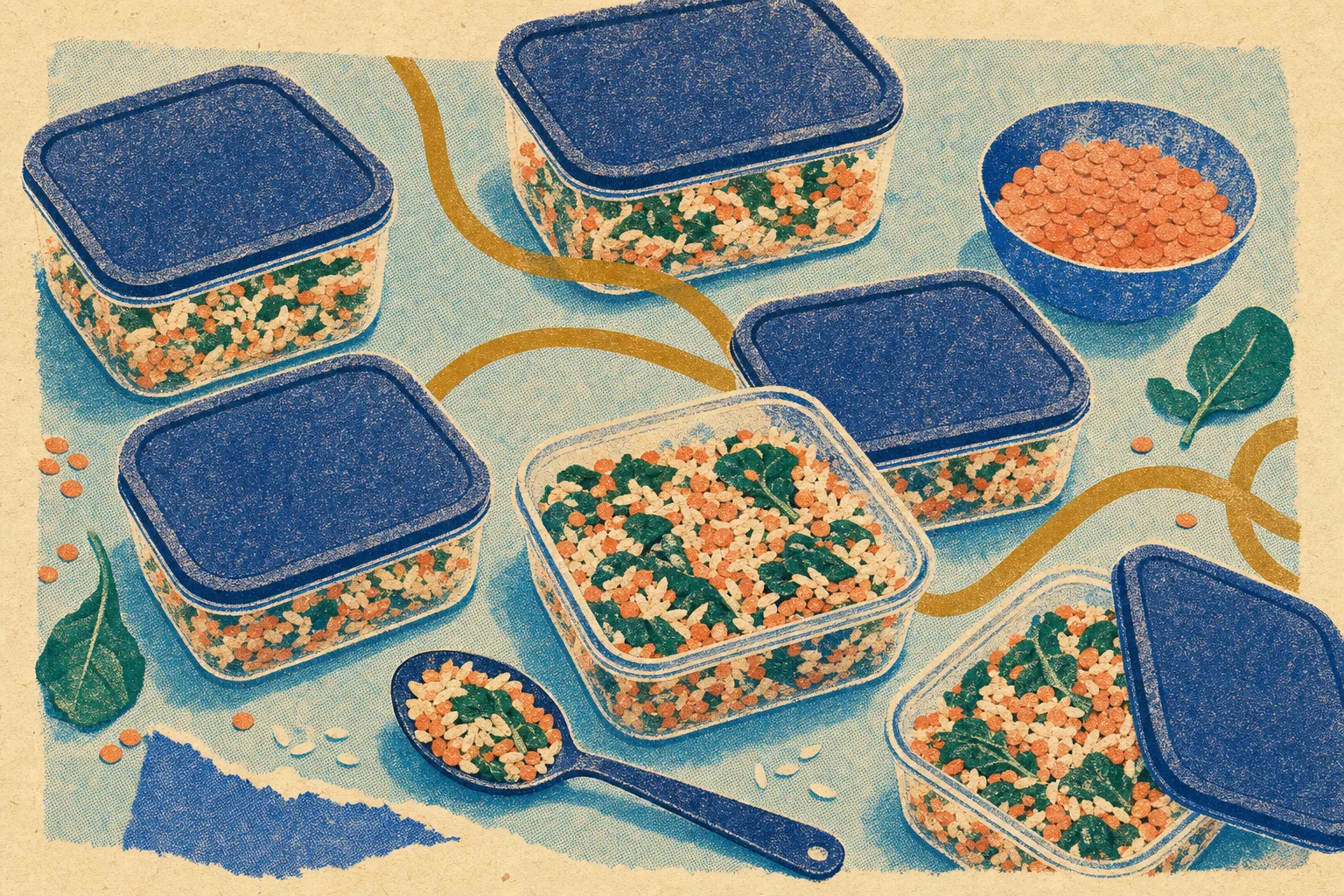 Several meal-prep containers hold lentil, rice, and green shapes in an imperfect printed rhythm.