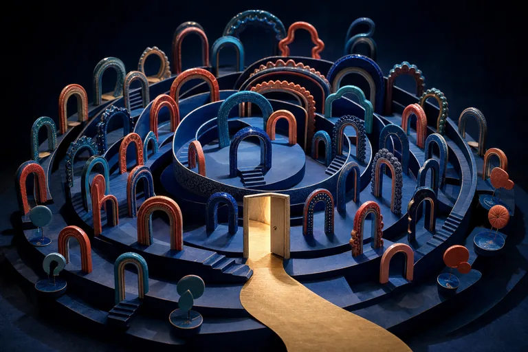 Glossy blue portals spiral around a miniature stage while a plain doorway opens onto a gold path.