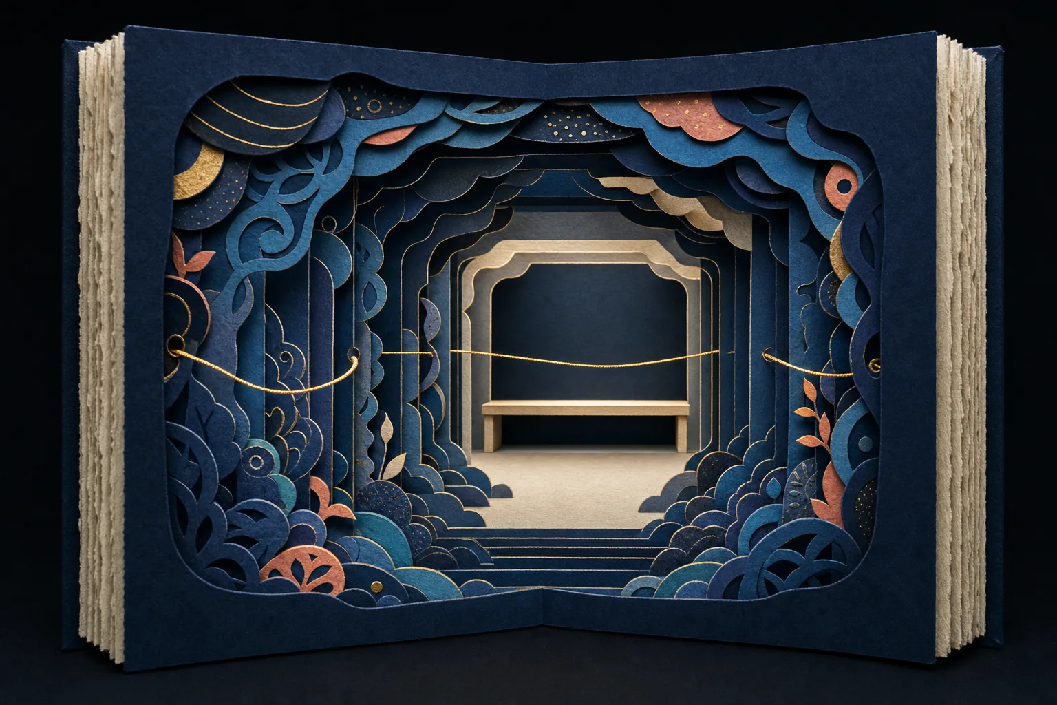 A layered paper tunnel sheds crowded ornament until a gold thread reaches one spacious, plain chamber.
