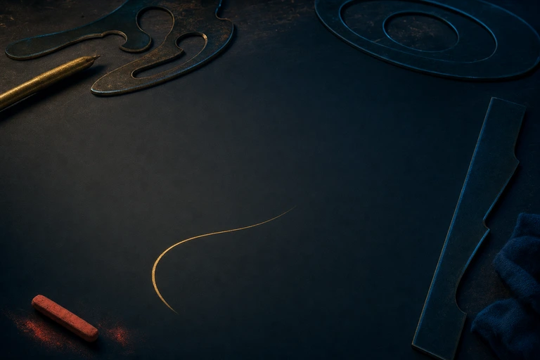 Fixed drafting templates lie in shadow around a blank deep blue slate where a single confident gold line begins its own course.