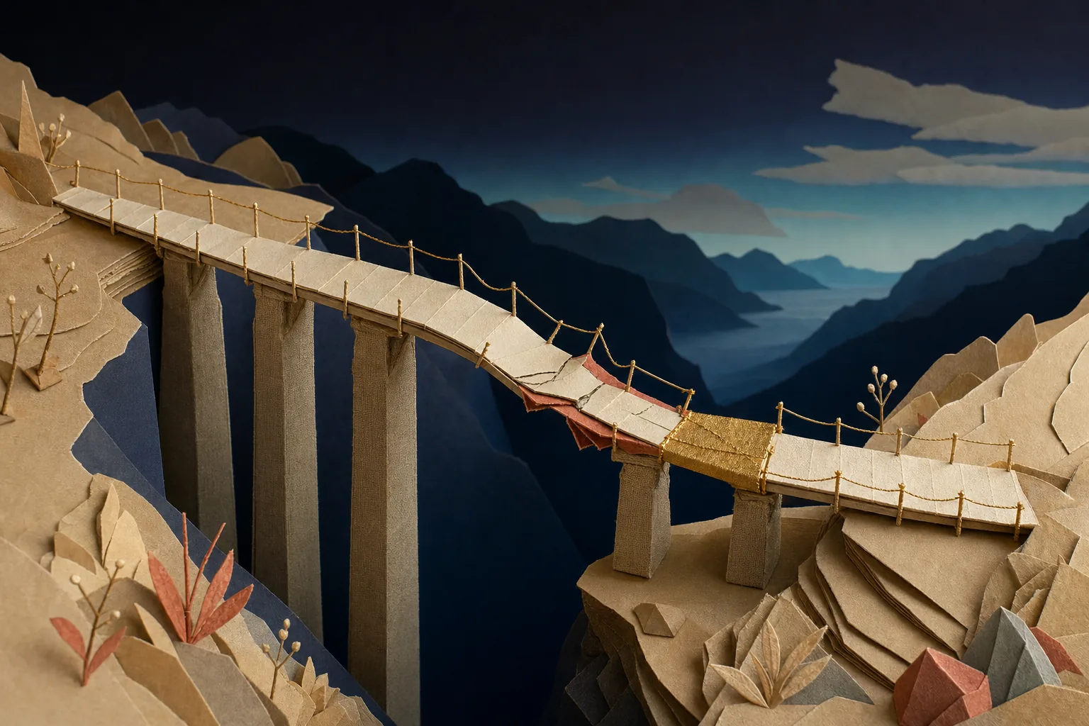 An ambitious paper bridge buckles, then turns through a gold repair onto a shorter stable crossing.
