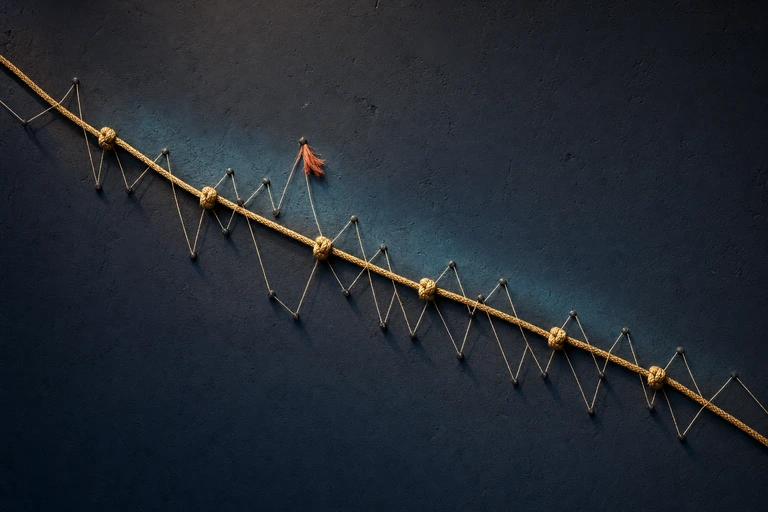 A thick gold cord with evenly spaced knots descends gently across a dark wall while thin pale threads zigzag nervously around its line.