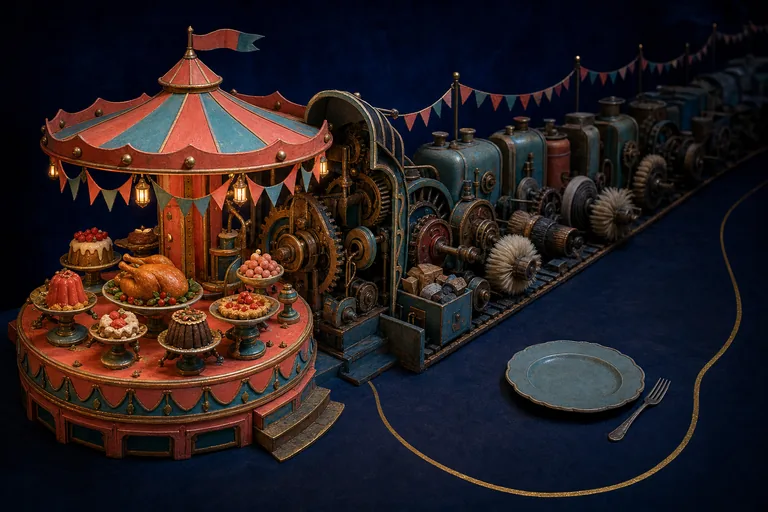 A small festive carousel opens onto a long train of gears, fuel cans, brushes, and obligations.