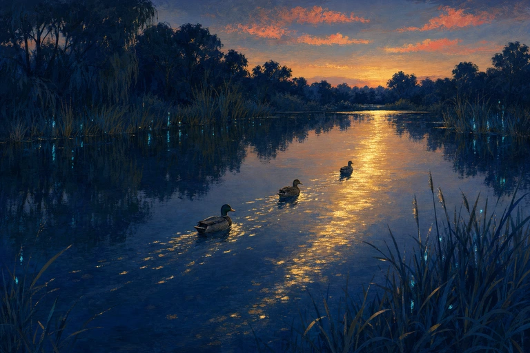 Ducks glide across a dark evening pond toward a warm gold path of light beneath deep blue trees.