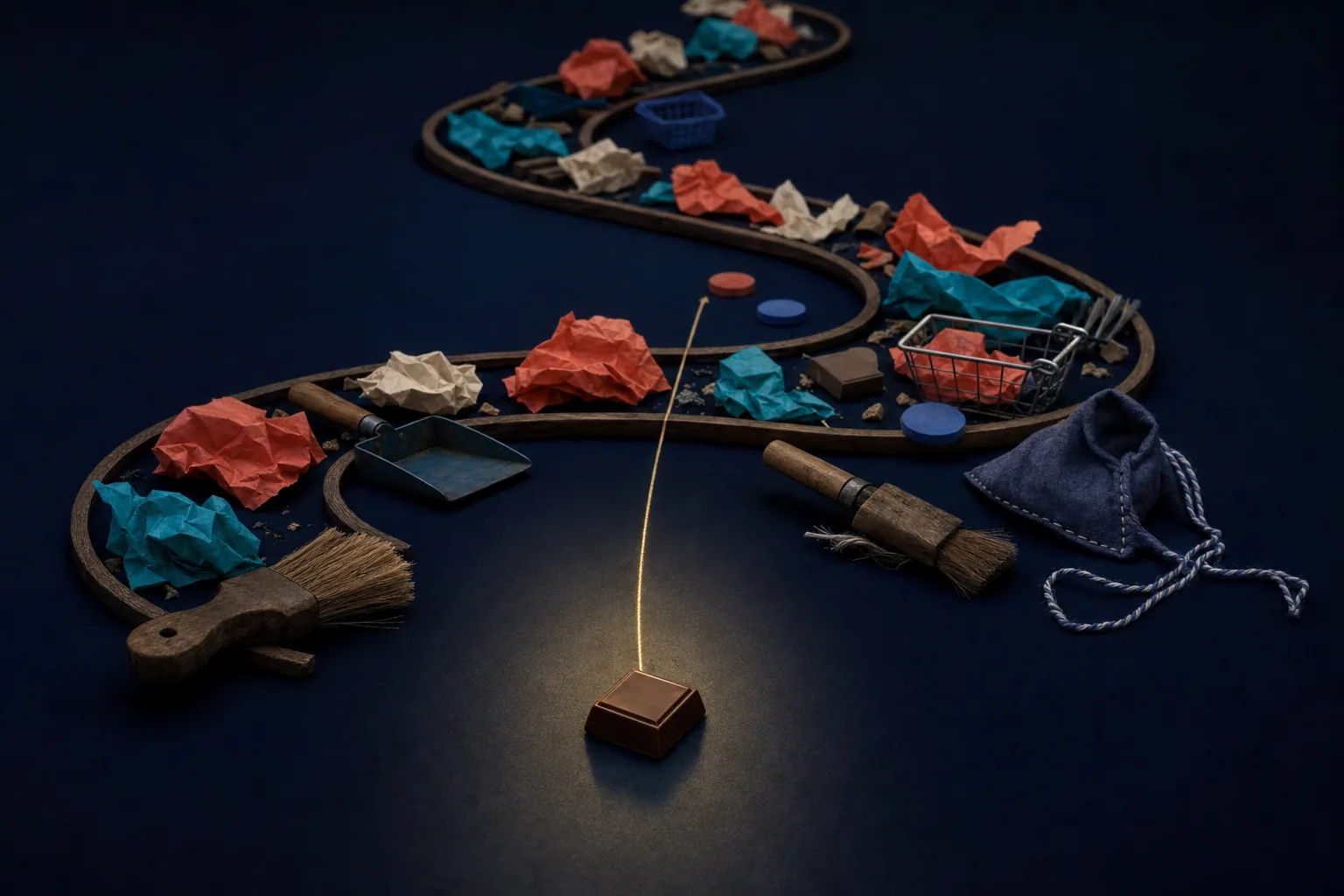 A small chocolate square sits before a vast open S-shaped trail carrying wrappers, tools, and another waiting square.