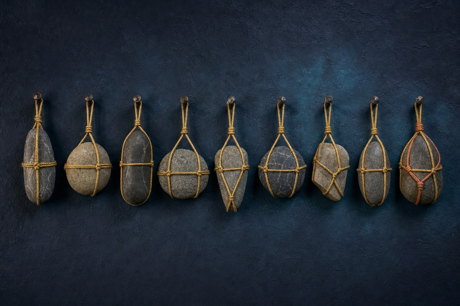 Nine unlike river stones each bound in warm gold cord hang in one level row from small pegs on a dark plaster wall.