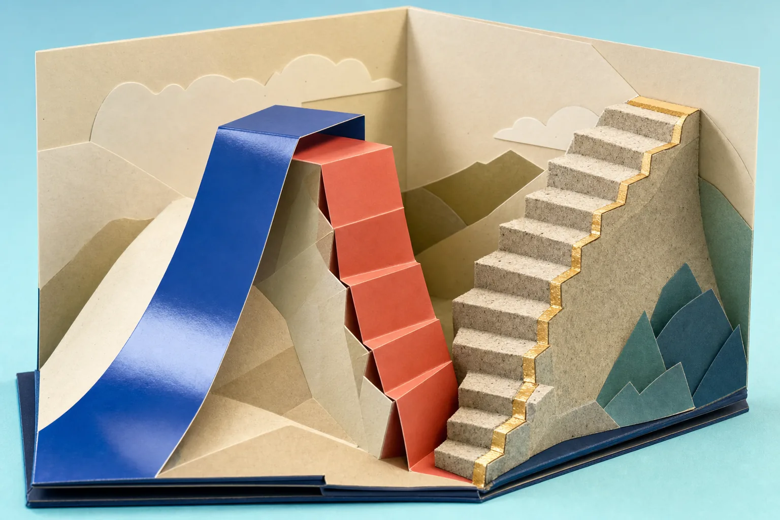 A glossy paper ramp rises then folds downward beside a rough stair edged in earned gold.