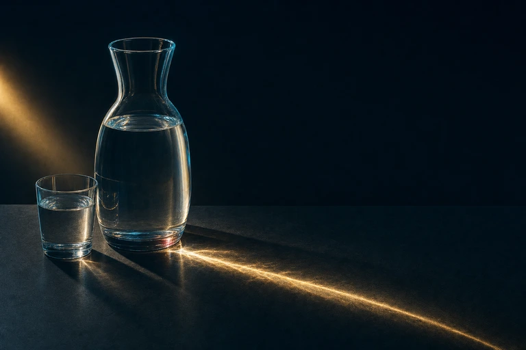 A clear glass carafe of still water turns a single warm beam of light into a bright gold ribbon across a dark stone table.