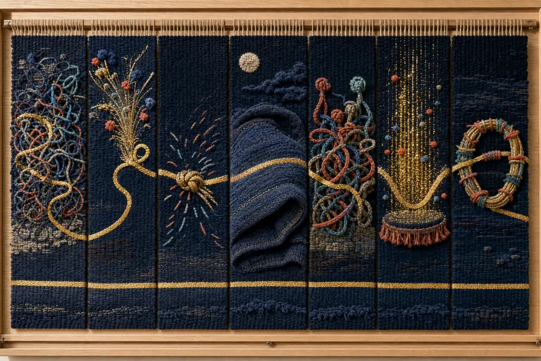 Seven woven disruptions bend one gold line before it resolves into a firm uncomplicated boundary.
