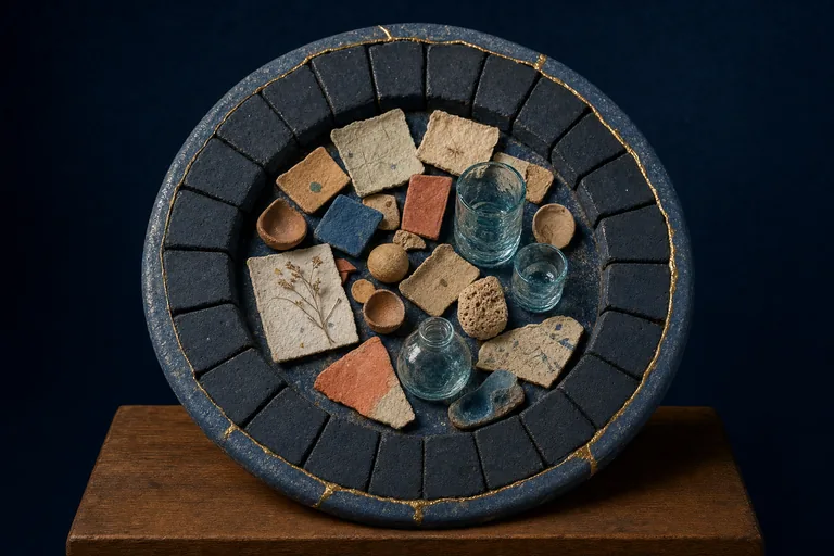 An intact ceramic day-ring surrounds varied replacement tiles and newly returned clear-glass water forms.