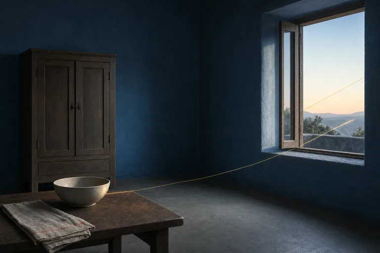 A ceramic bowl, closed cabinet, and open window form a quiet triangle in a midnight-blue room.