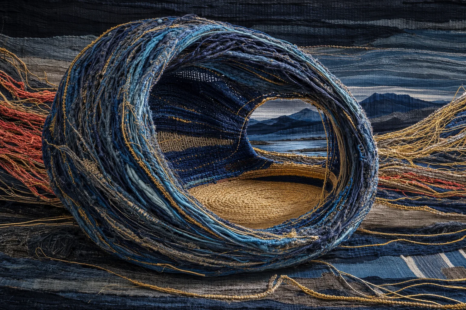 A woven midnight-and-cyan cocoon with an open center, surrounded by loose coral and gold strands.