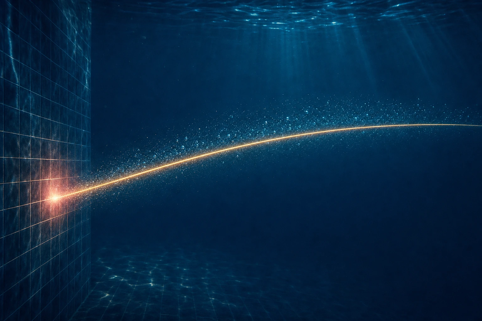 A single gold streamline launches from a dark tiled pool wall and glides through deep ultramarine water trailing fine cyan bubbles.