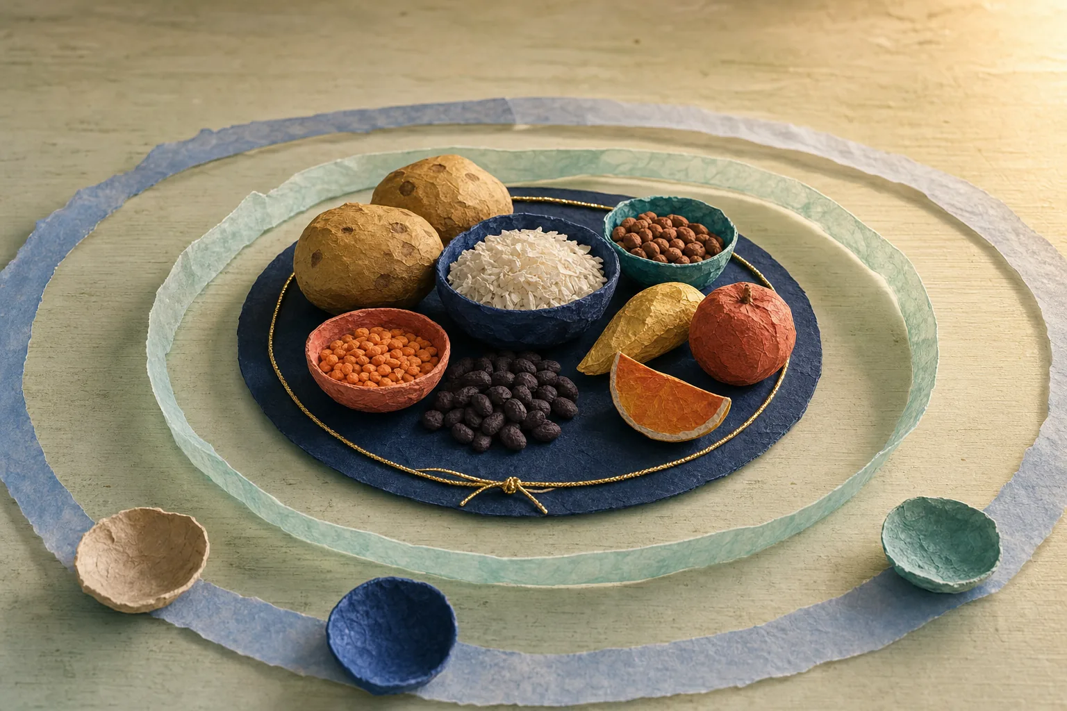 Papier-mâché potatoes, rice, beans, lentils, and fruit sit within nested but deliberately unequal boundaries.