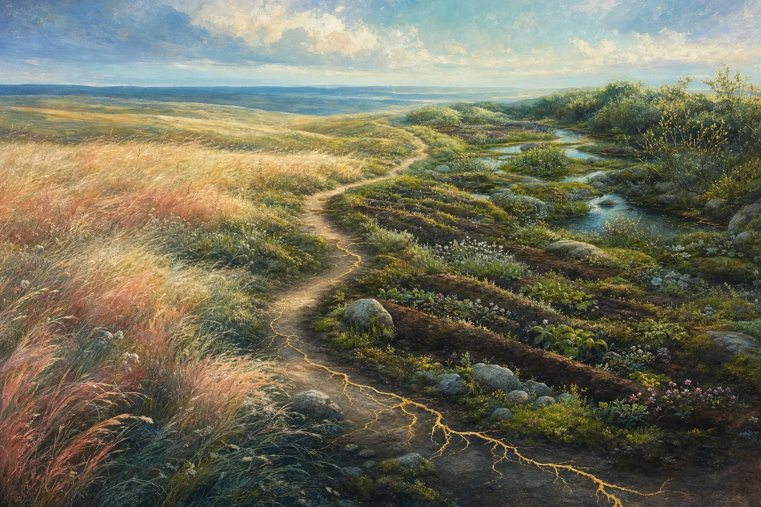 One continuous path alternates between moving grasses and fertile sheltered furrows, joined by a fine gold root.