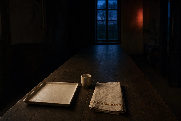 A long dark wooden table stands empty except for one modest place setting with a rectangular platter and a folded cloth with a gold hem.