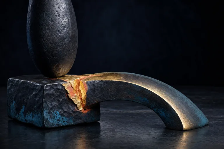 A rounded iron block presses a scarred steel slab open into a broad gold-seamed bridge.