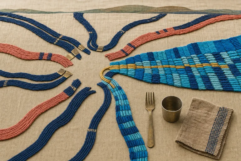 Loose strands meet, and one gold strand becomes a durable weave beside plain everyday utensils.