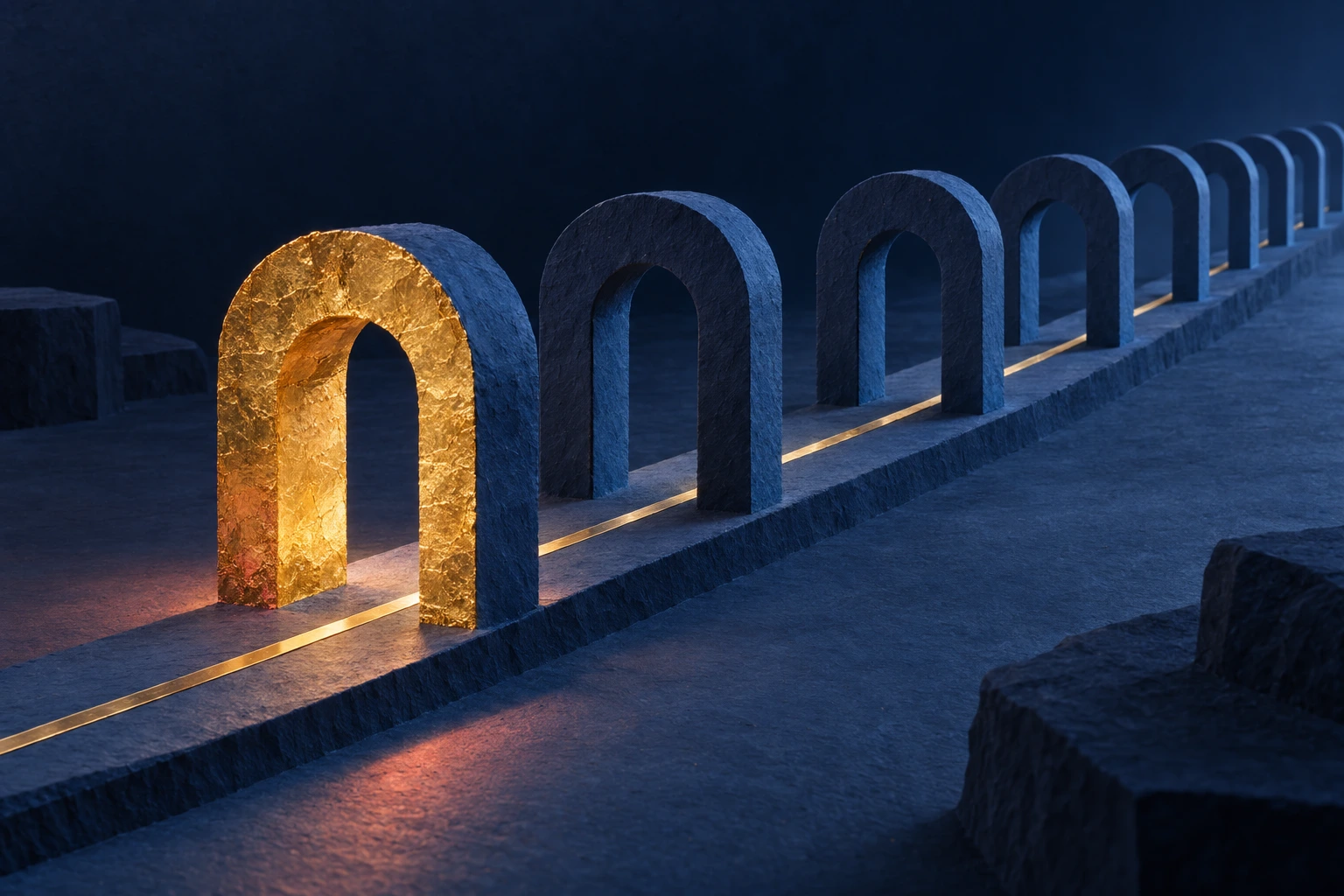 A fine gold path continues from a gilded first arch through a quiet sequence of plain blue archways.