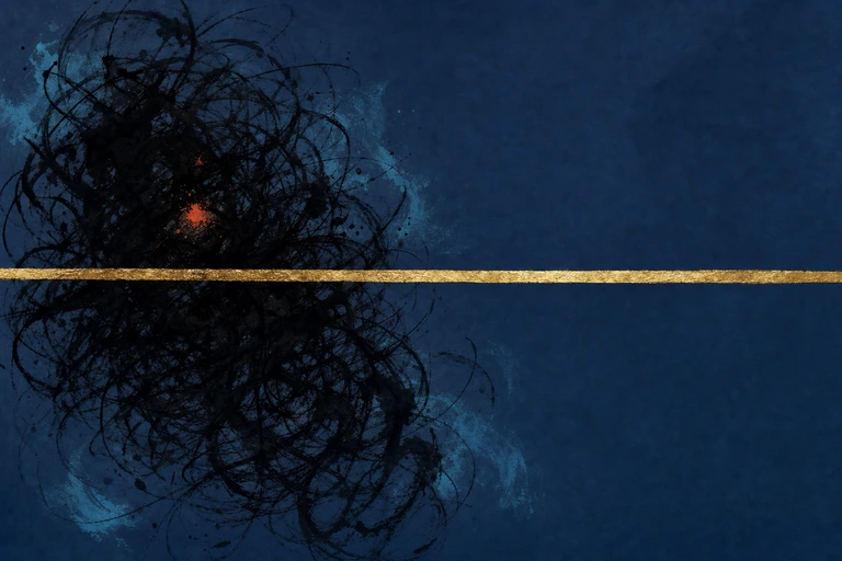 A dense storm of dark ink scribbles crowds one side of a deep blue field while a single clean gold brushstroke crosses calmly through open space.