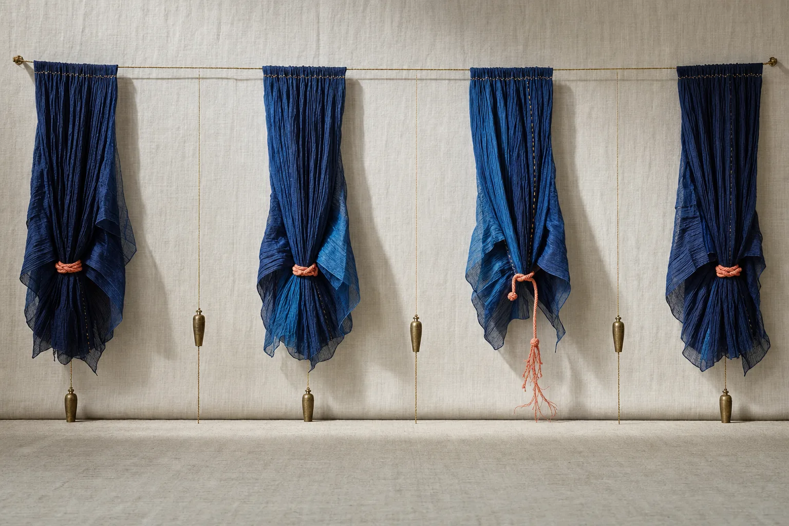 Weighted indigo silk folds descend between broad linen openings while a small brass plumb remains steady.