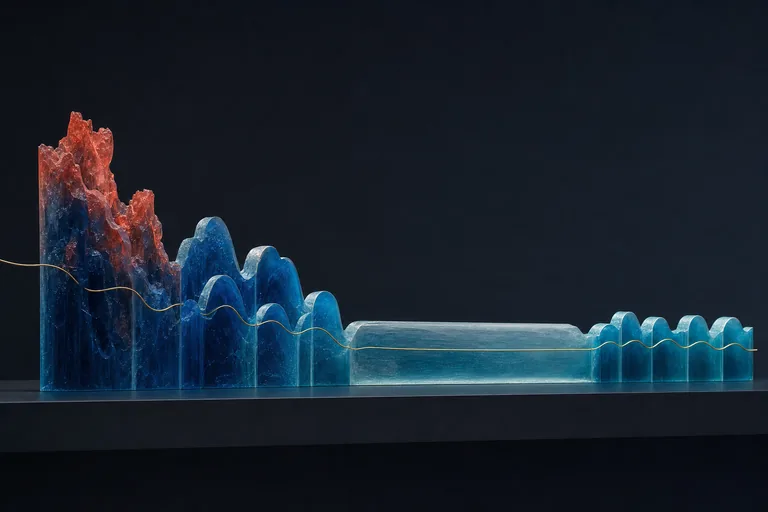 Uneven translucent resin reliefs progress from turbulent folds to a calm cadence along a gold filament.