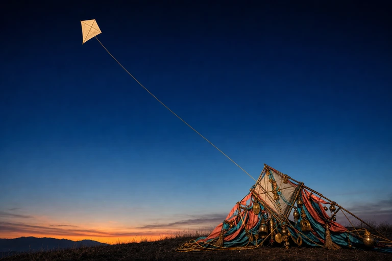 A plain pale kite flies high on a short gold line while an ornament-laden kite lies tangled on the dark ground below.